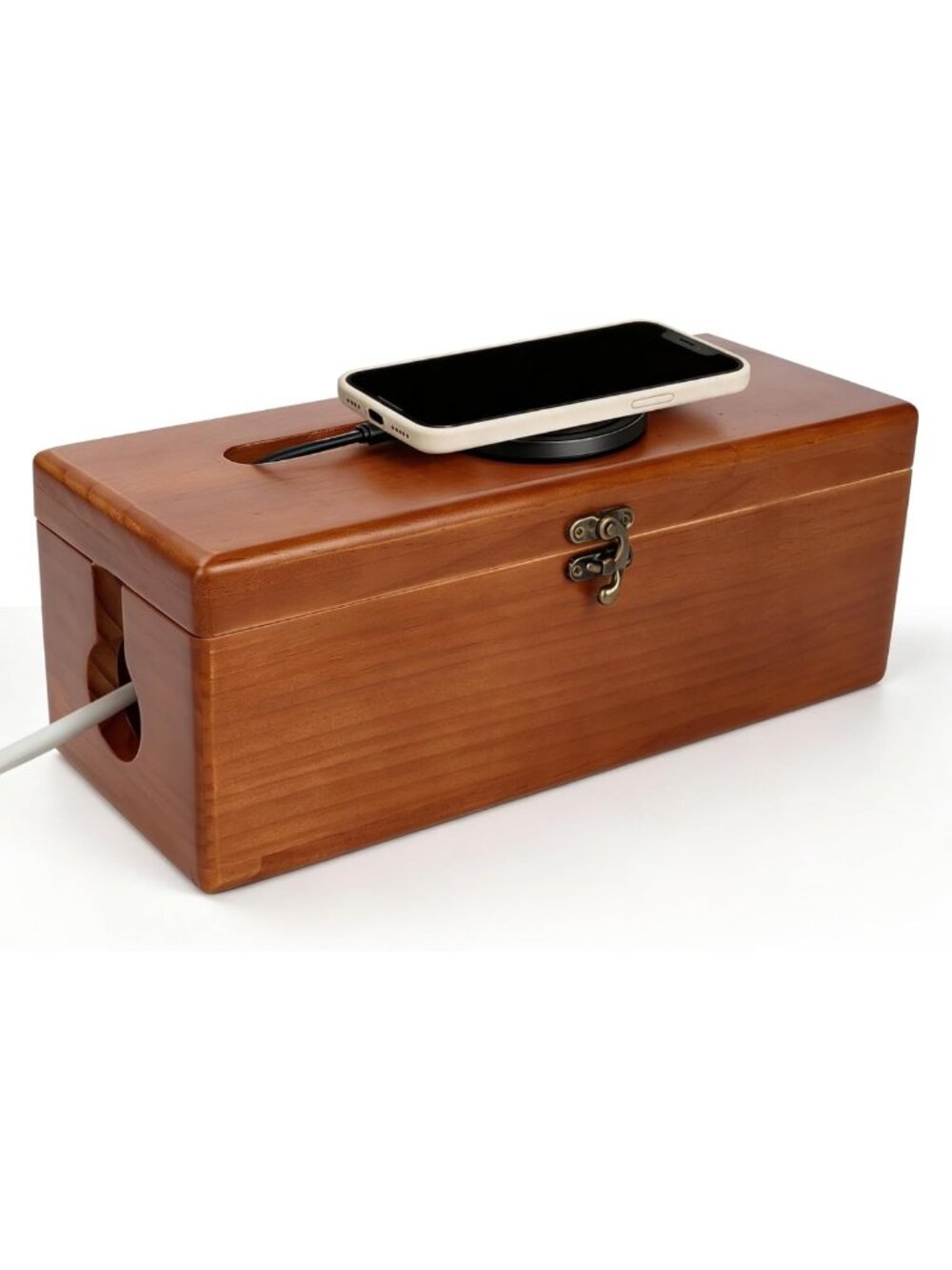 Large Solid Wood Cable Management Box with Clasp & 4 Open Slots - Cord Organizer